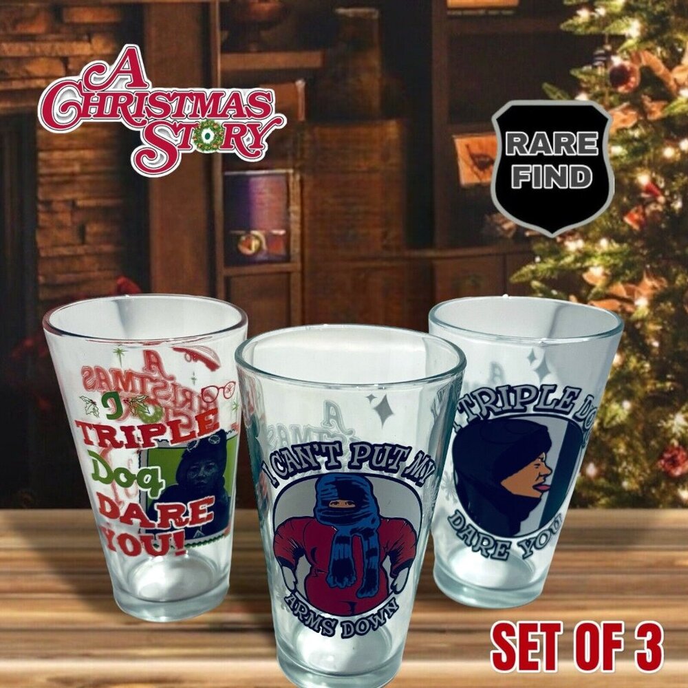 A CHRISTMAS STORY Movie Three 16oz Pint Drink Glasses. I Triple Dog Dare You!